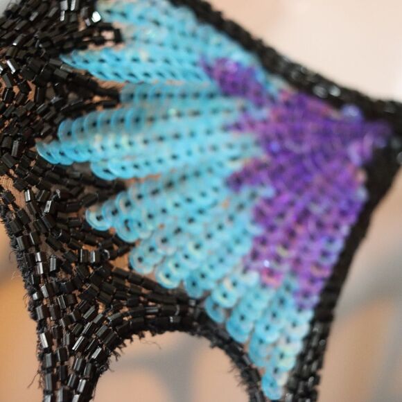 Vintage 80s Silk Sequin Peacock Butterfly Evening Gown Maxi Dress - Picture 11 of 16